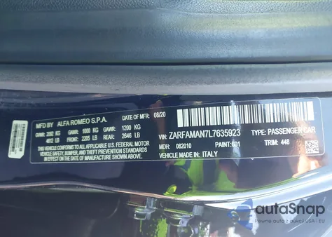 2020 Alfa Romeo Giulia Rwd из США, поврежденный, VIN ZARFAMAN7L7635923